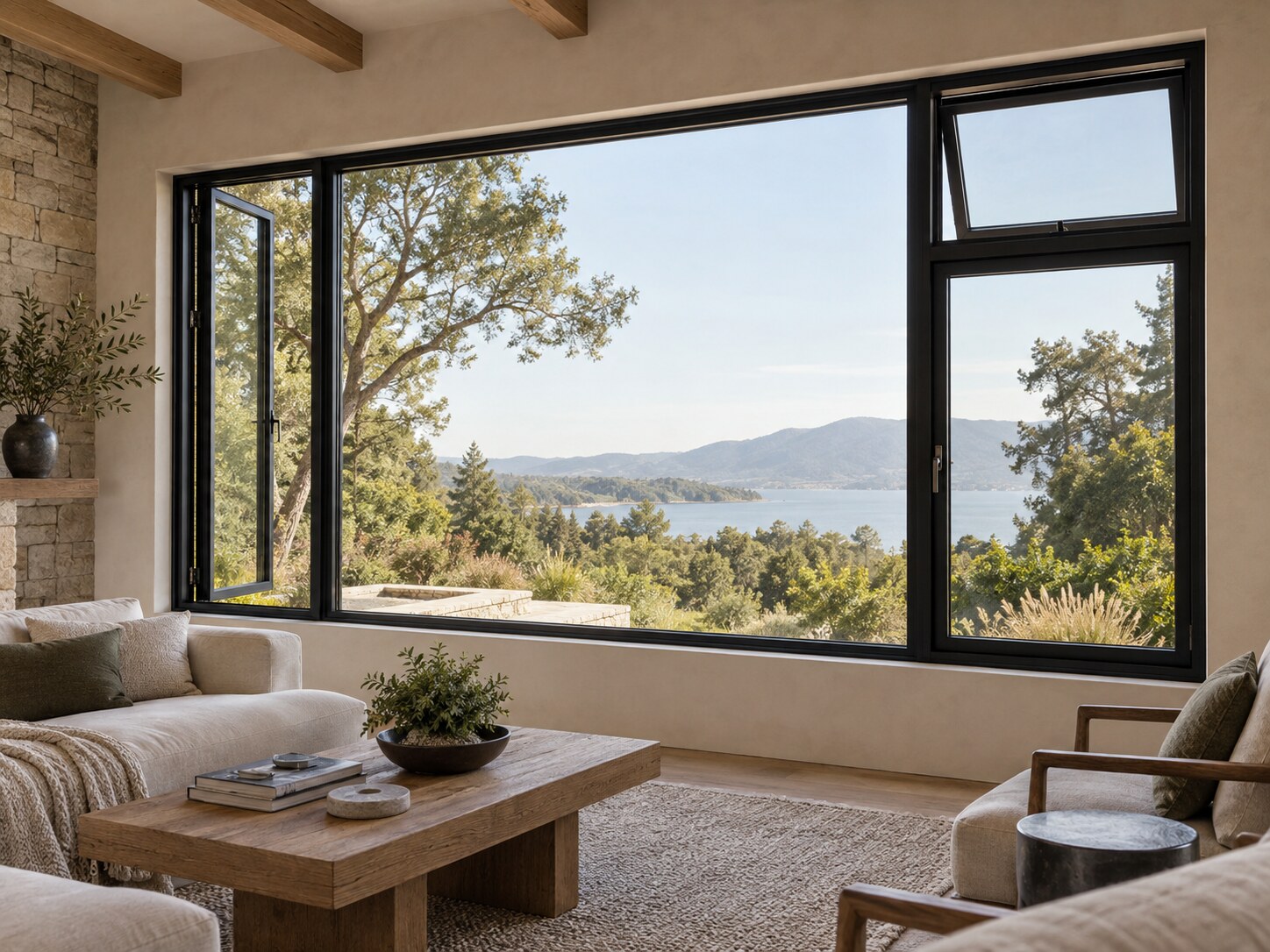 Modern black aluminum windows in a warm contemporary home