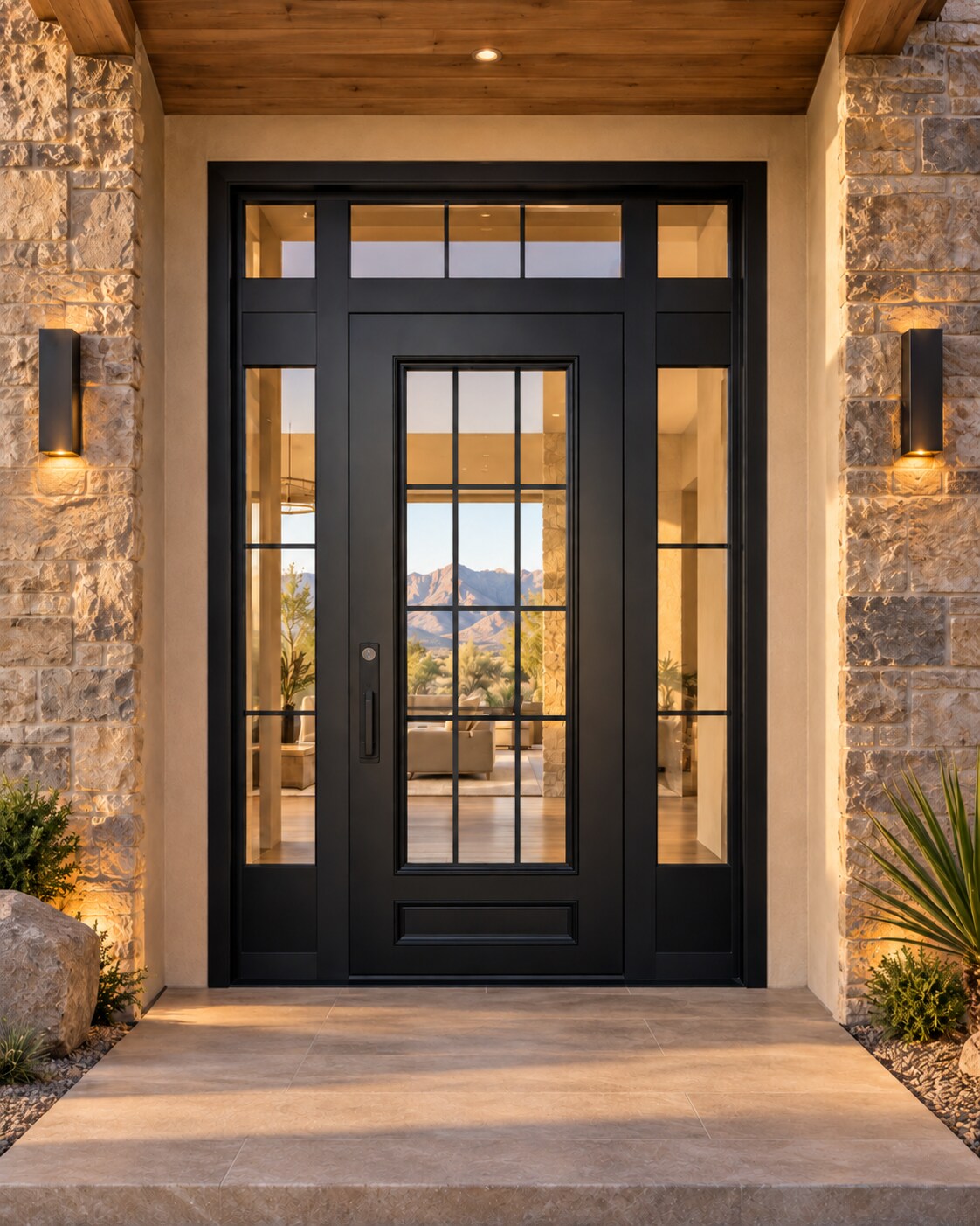 Custom black front entry door with divided-light glass, sidelights, and transom in a warm stone home