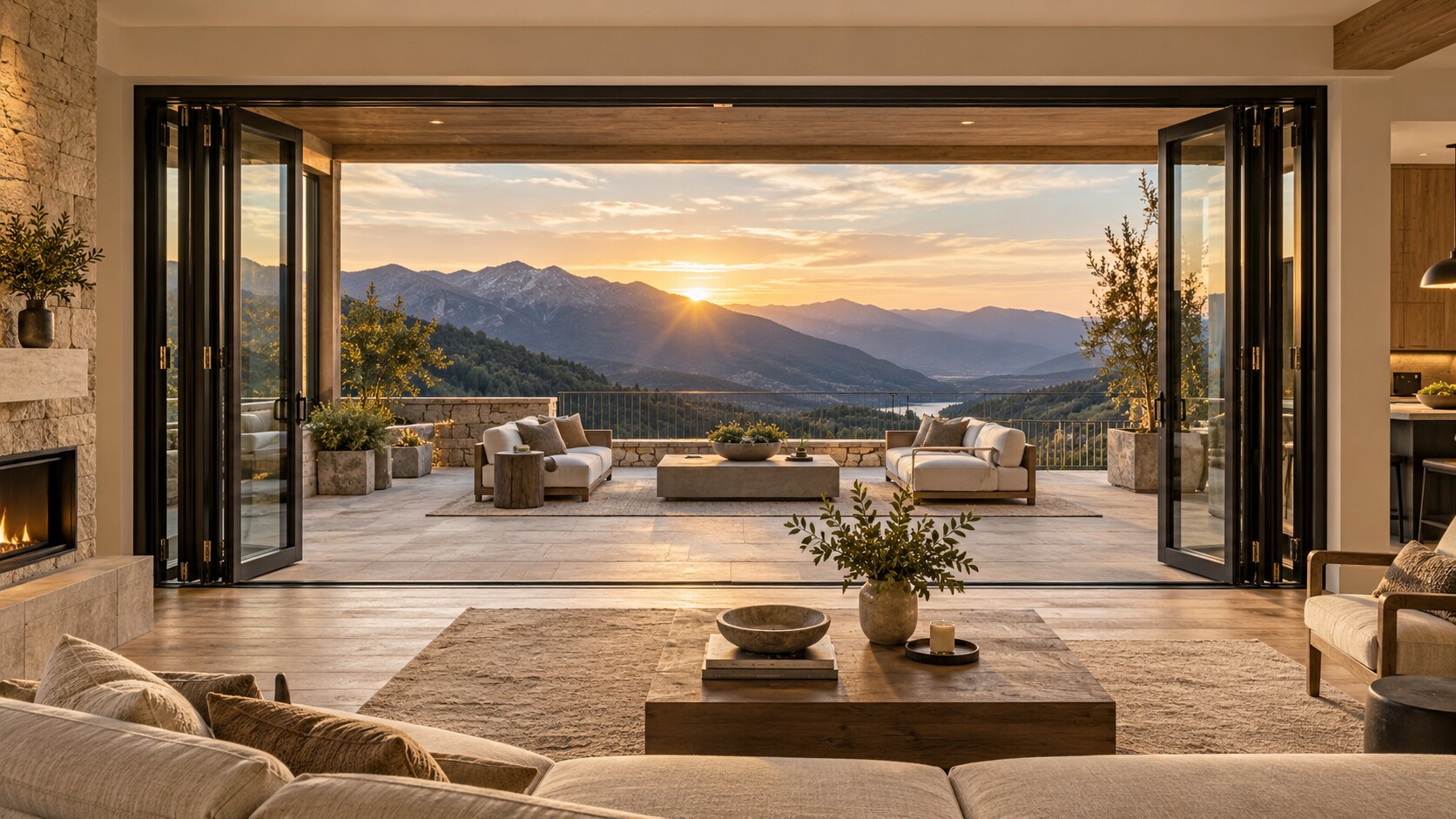 Black aluminum folding doors opening a modern living room to a mountain terrace