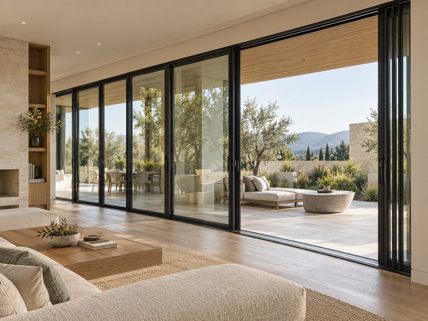 Oversized black aluminum sliding glass doors
